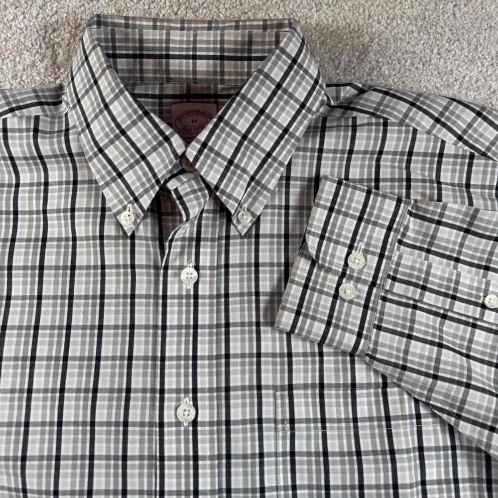Brooks Brothers Mens Medium Gray Black Plaid Non-Iron Supima Cotton Polo Shirt